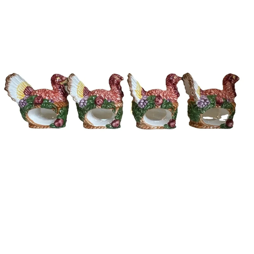 VTG Ceramic Turkey Napkin Rings Holders Thanksgiving/Fall Set Of 4